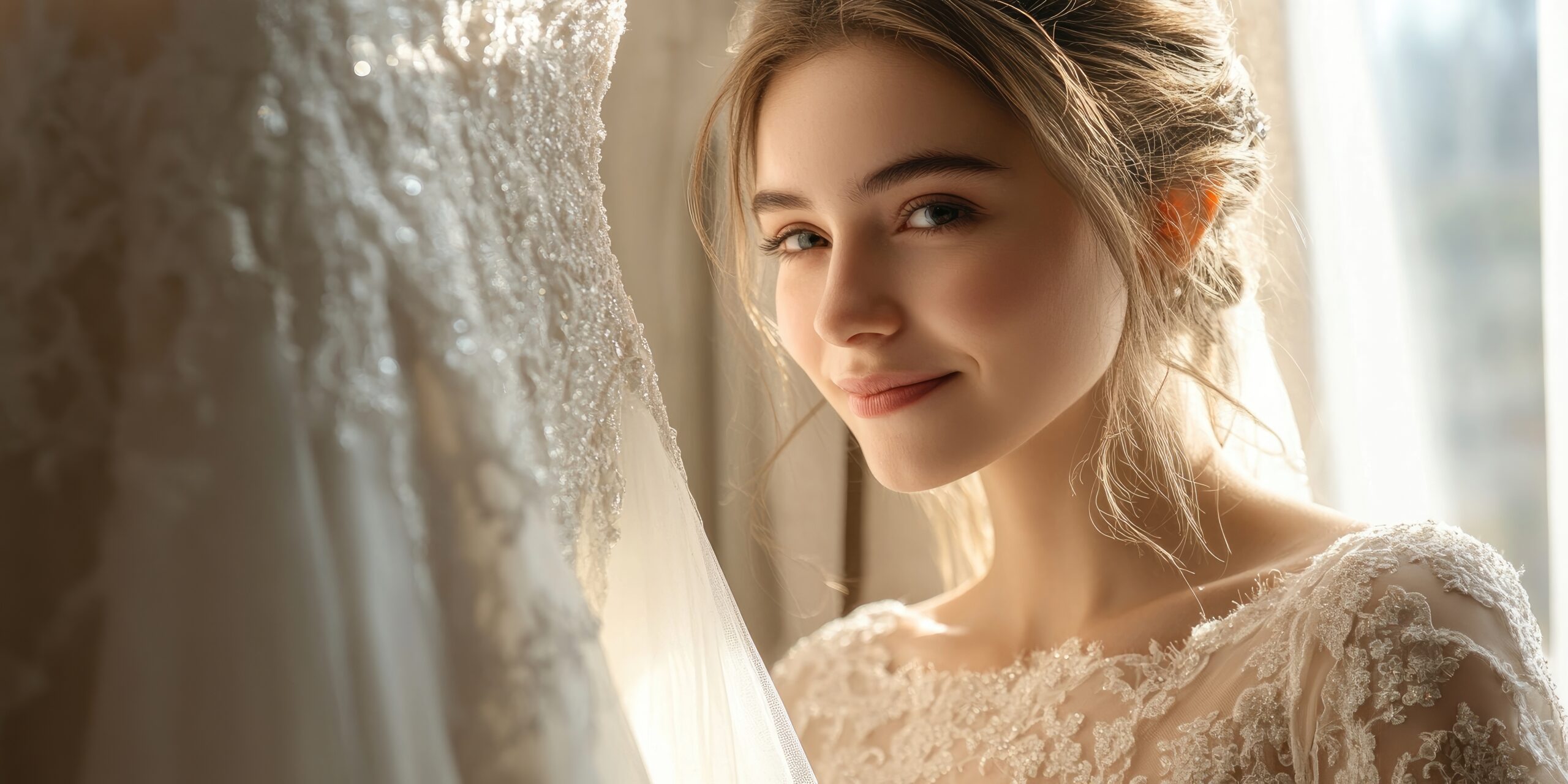 A lovely bride is next to a wedding dress, gazing at it and smiling.