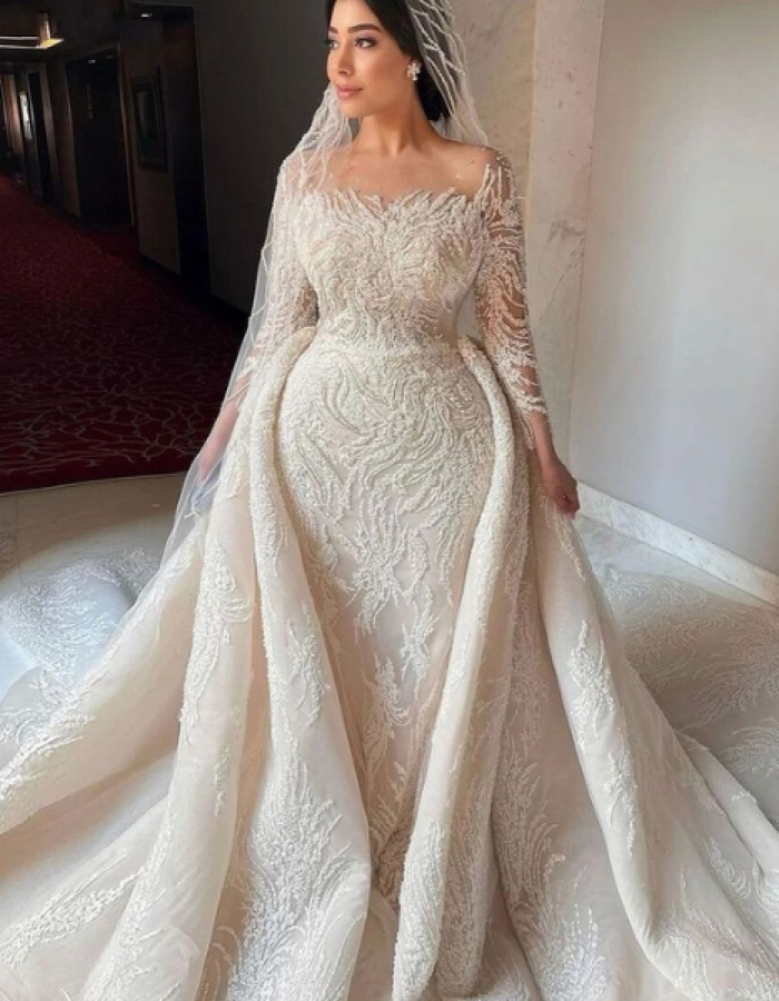 Ivory wedding dress.