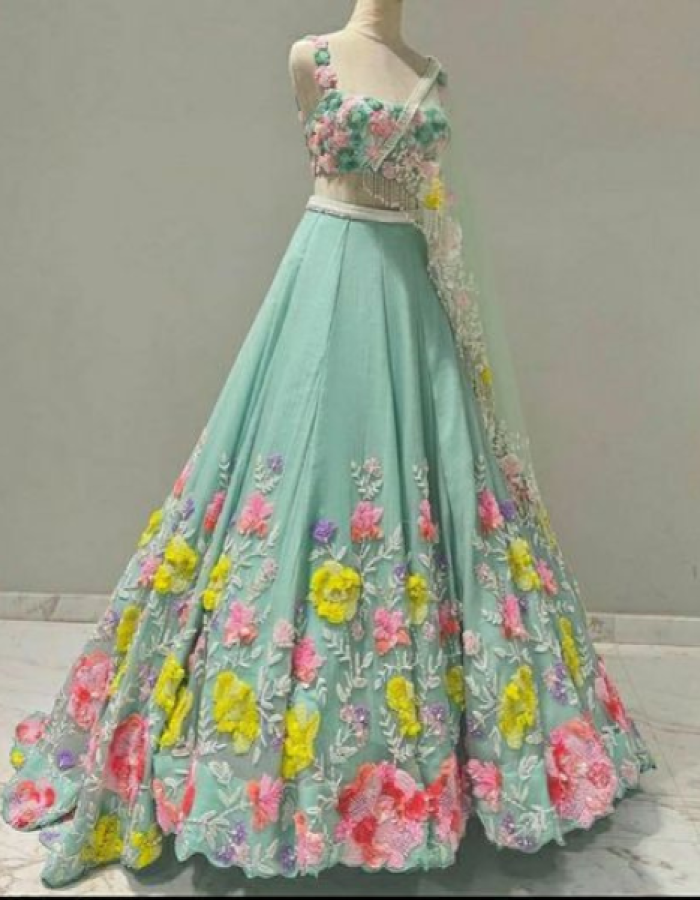 Vibrant Floral Lehenga Choli – Light Green