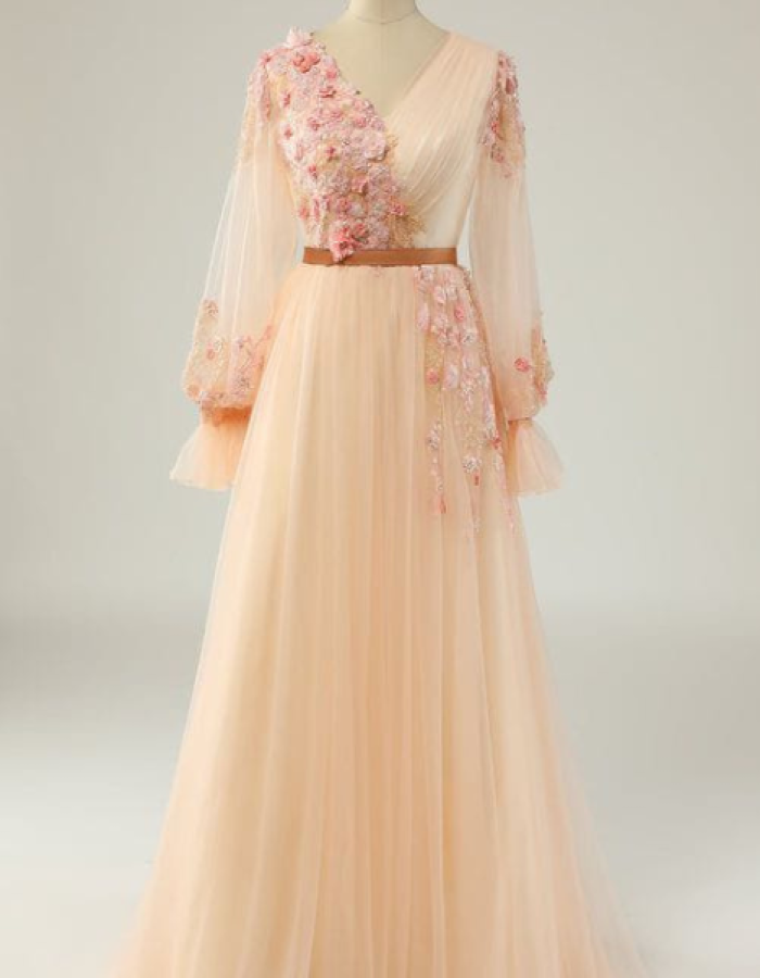 Peach Embroidered Long Dress with Brown Belt – Soft Peach