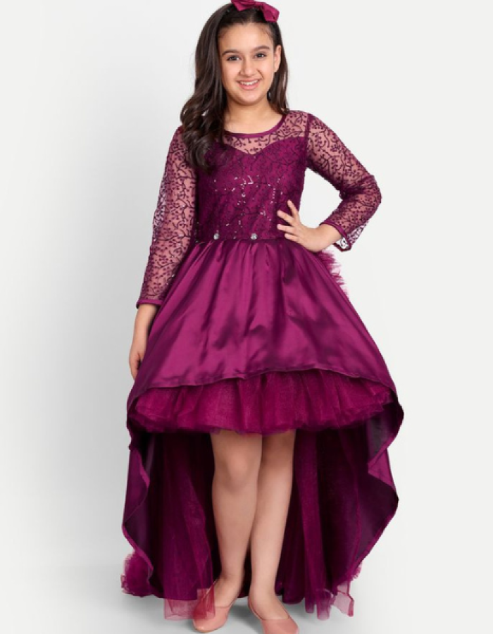 Girls High-Low Dress , plum colour.